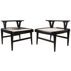 Pair of Tiered Travertine and Ebonized Wood Side Tables after Bertha Schaefer
