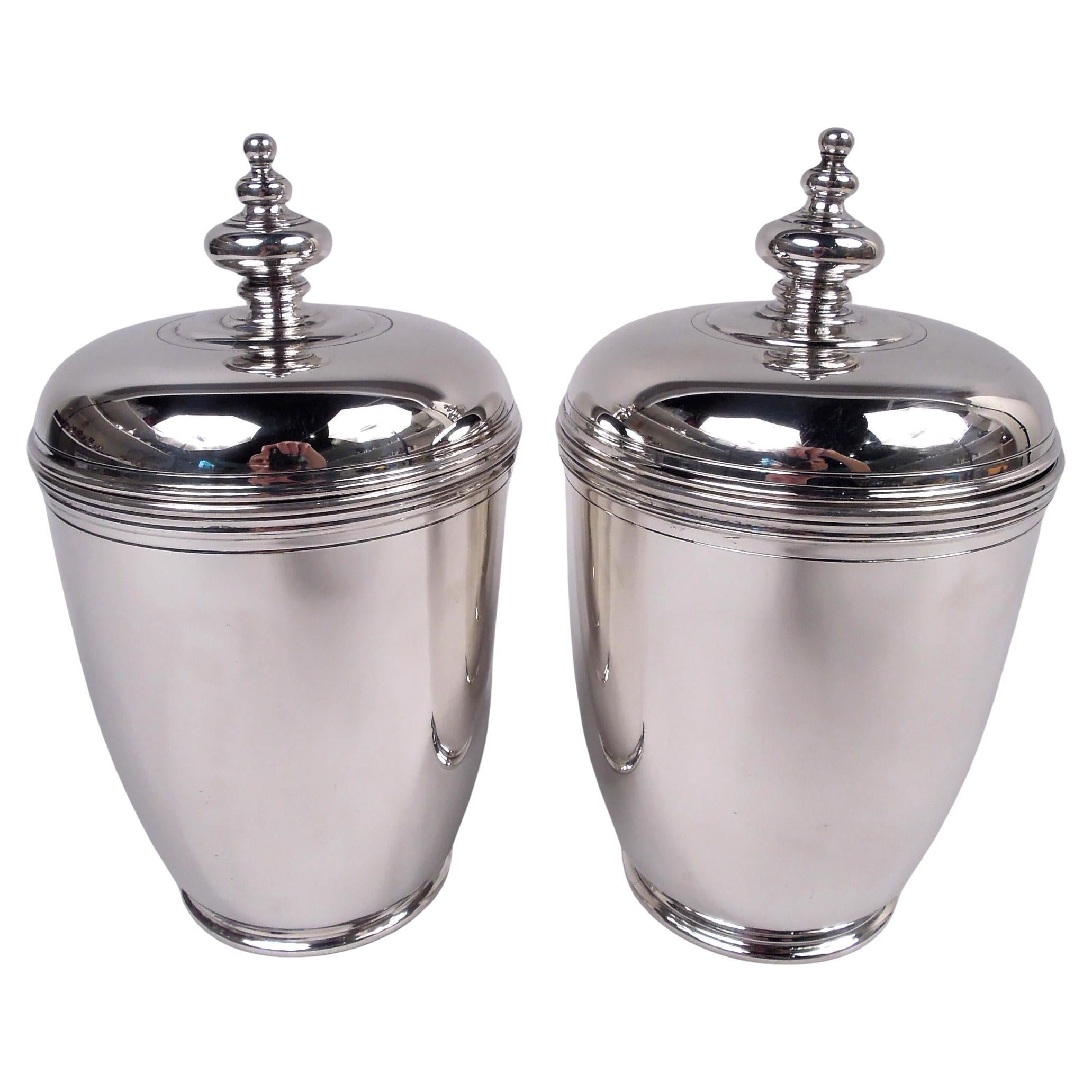 Pair of Tiffany American Modern Classical Sterling Silver Covered Urns