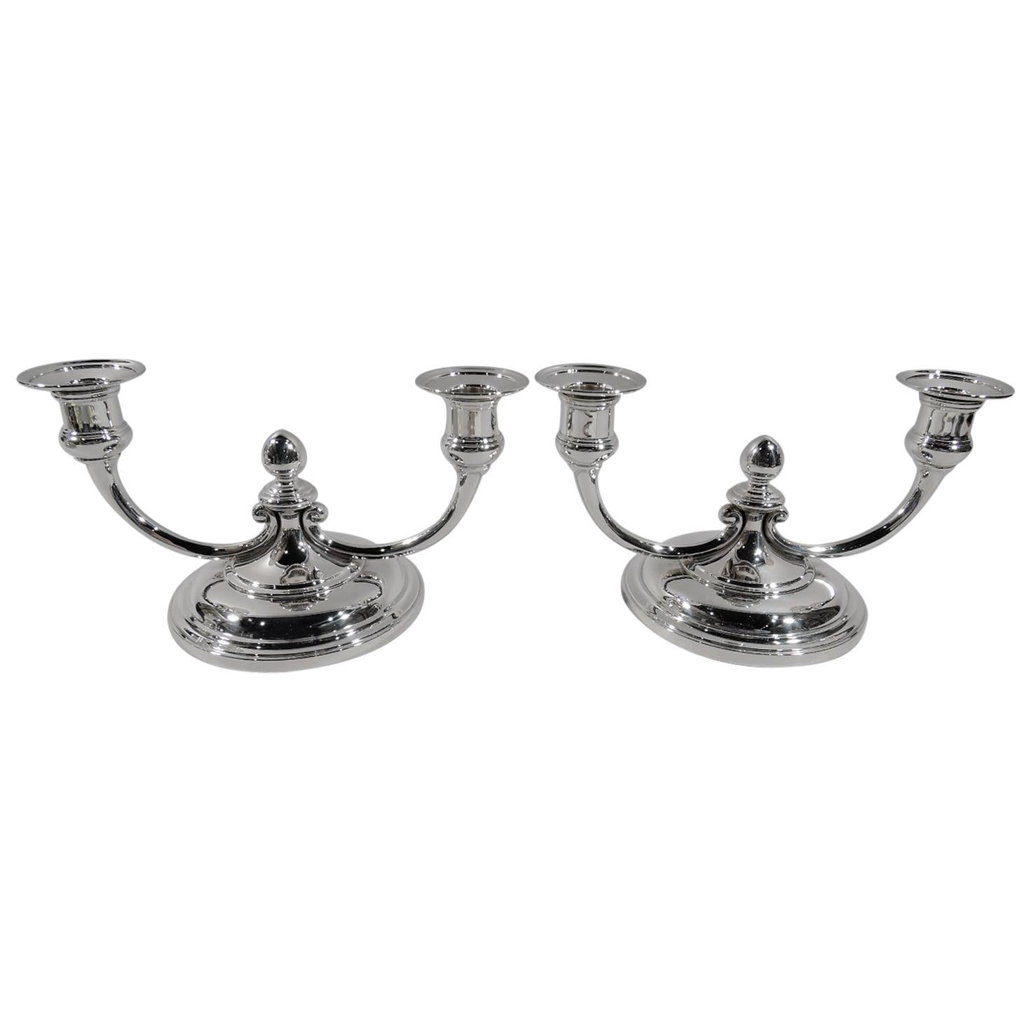 Pair of Tiffany Art Deco Sterling Silver Low 2-Light Candelabra