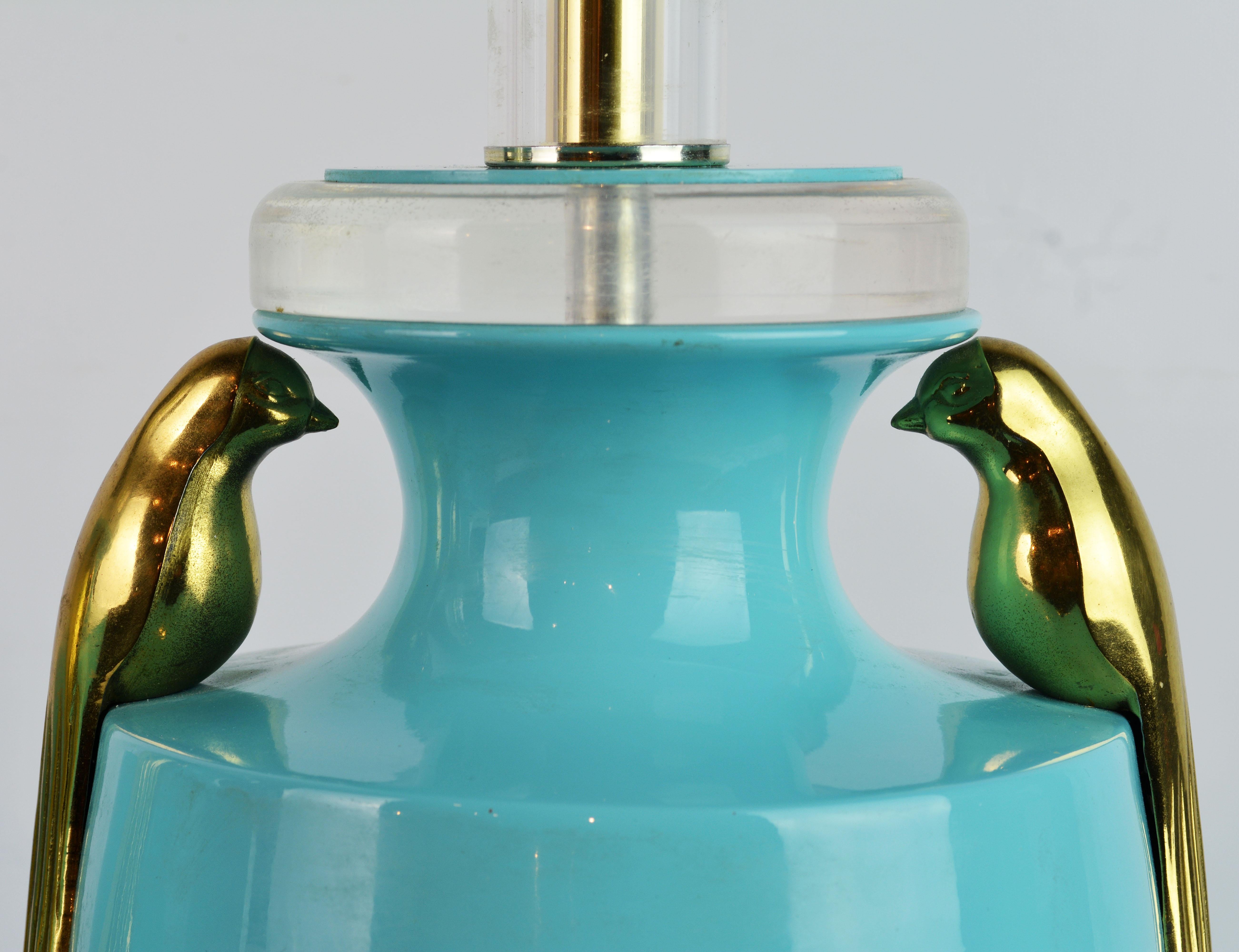Art Deco Pair of Tiffany Blue Ceramic Table Lamps with Paradise Birds by Bauer Lamp Co.