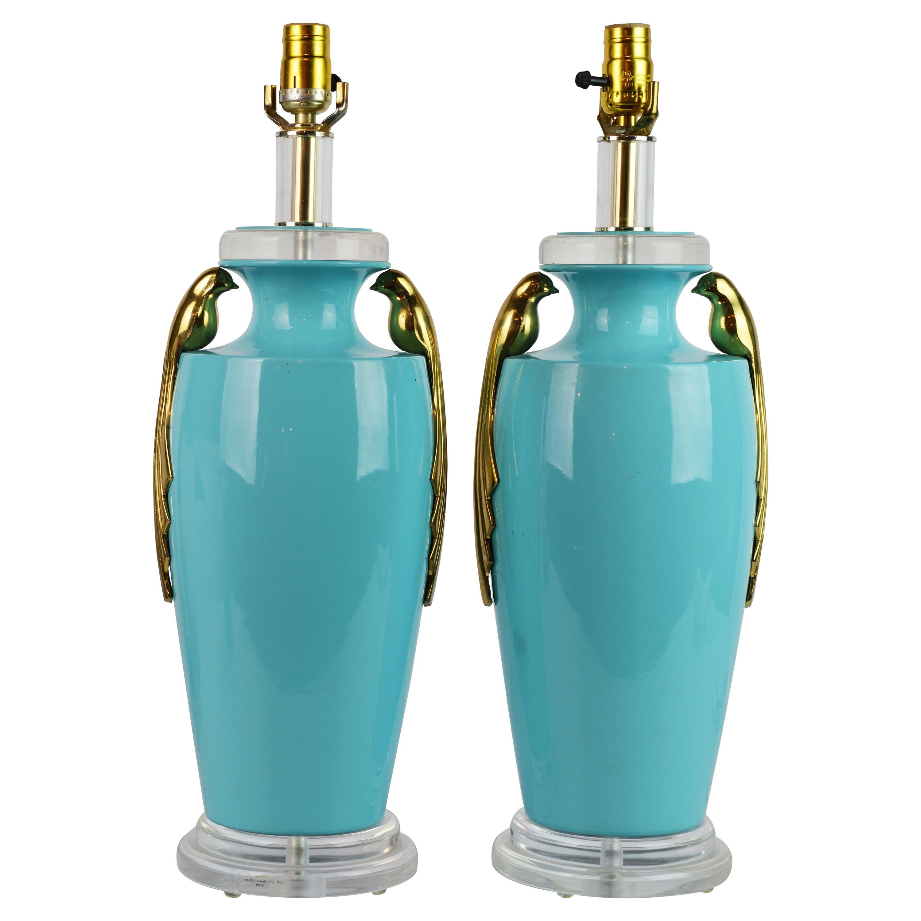 Pair of Tiffany Blue Ceramic Table Lamps with Paradise Birds by Bauer Lamp Co.