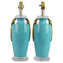 Retro Pair of Tiffany Blue Ceramic Table Lamps with Paradise Birds by Bauer Lamp Co.