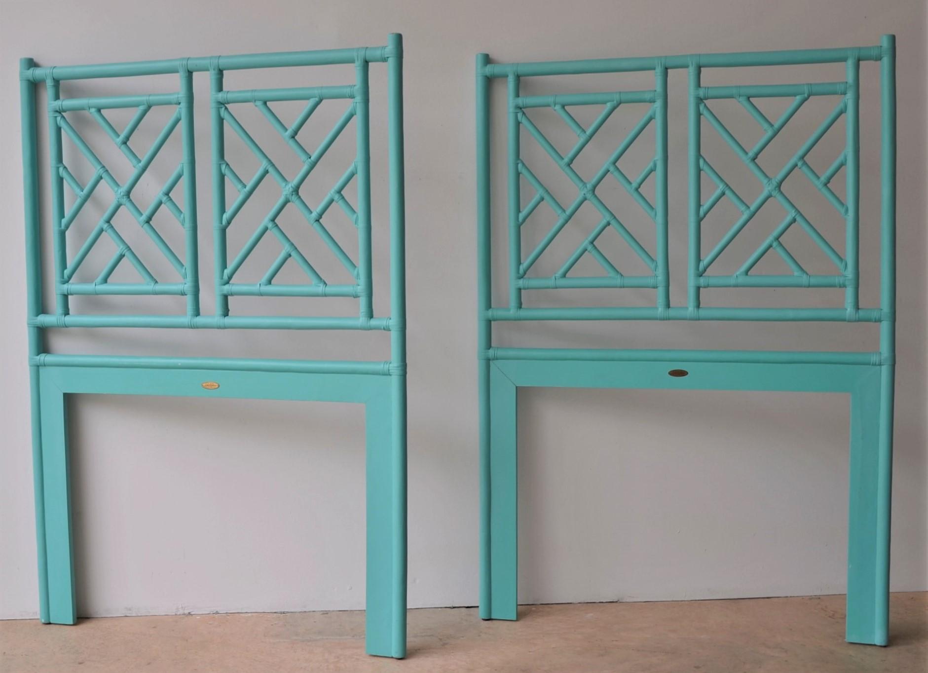 Offered is a pair of signed David Francis Tiffany blue Chippendale style rattan twin headboards. This pair of twin headboards are elegant with their Chippendale chinoiserie style yet playful with Classic clean lines and fun Tiffany blue. Would be