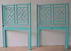 Pair of Tiffany Blue Chippendale Style Rattan Twin Headboards by David Francis
