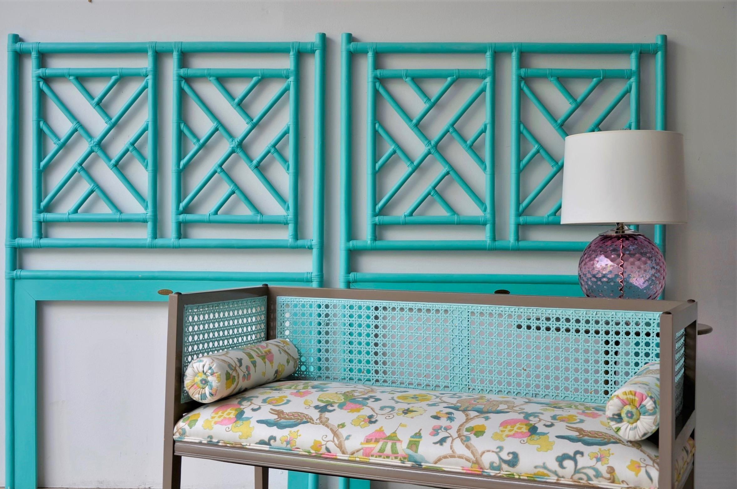 Pair of Tiffany Blue Chippendale Style Rattan Twin Headboards by David Francis For Sale 12