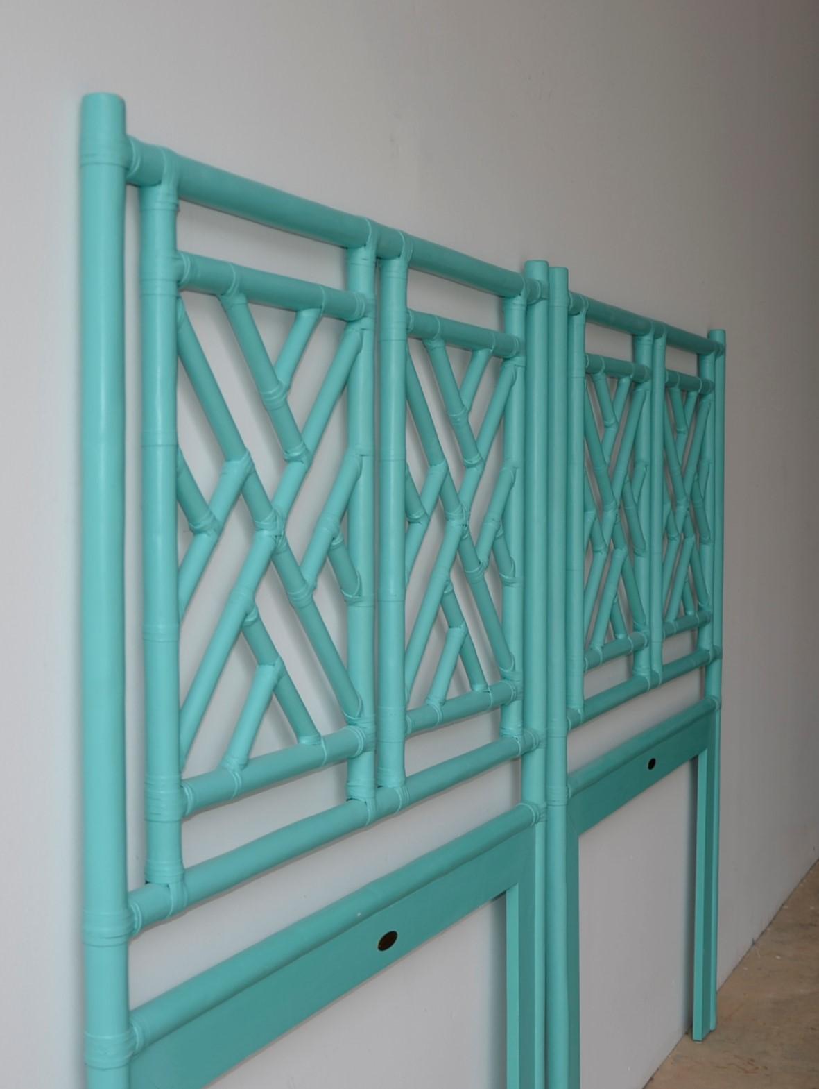 Chinese Chippendale Pair of Tiffany Blue Chippendale Style Rattan Twin Headboards by David Francis For Sale