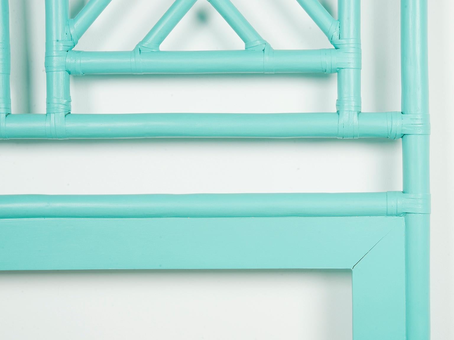 Painted Pair of Tiffany Blue Chippendale Style Rattan Twin Headboards by David Francis For Sale