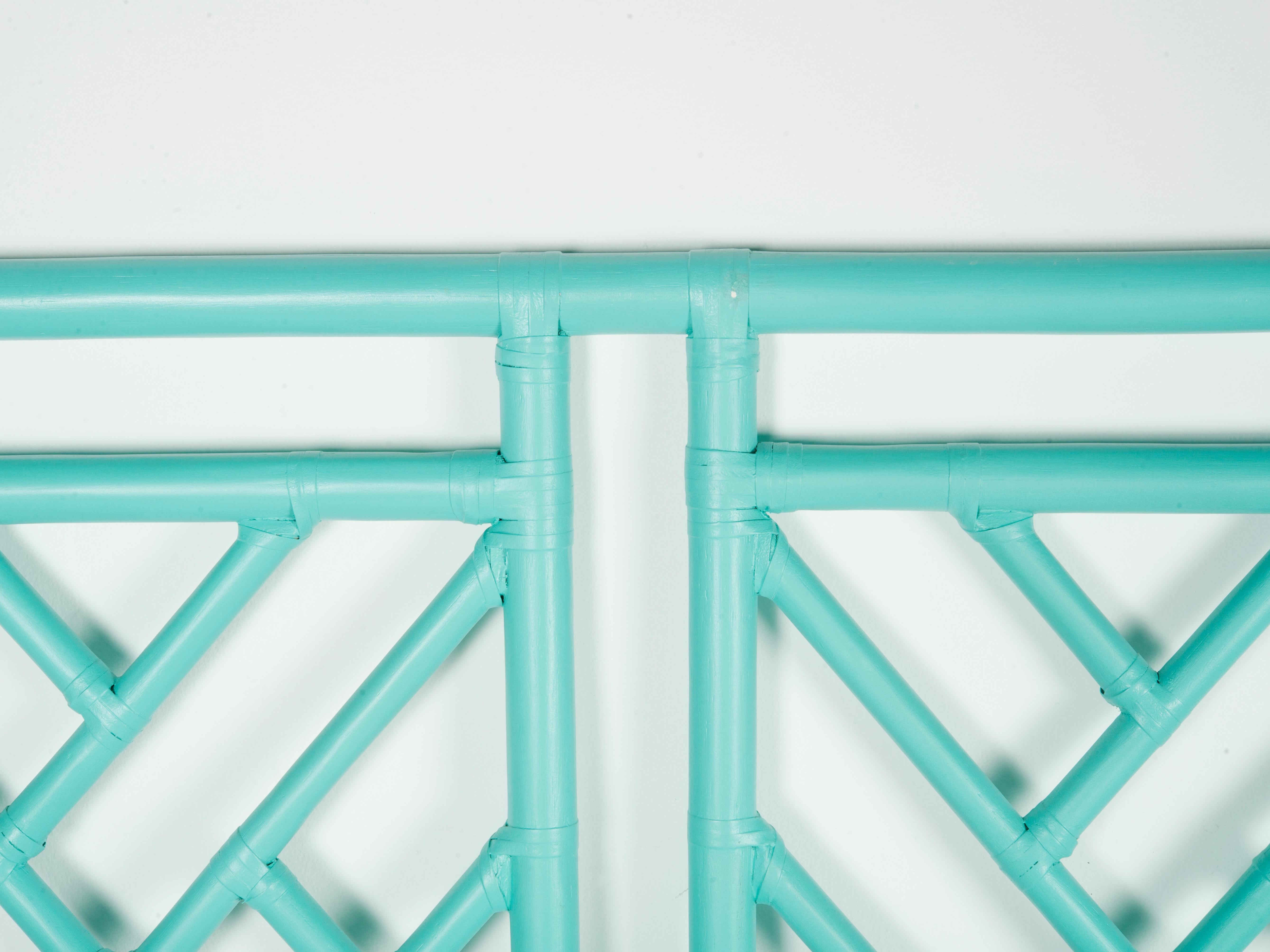 Pair of Tiffany Blue Chippendale Style Rattan Twin Headboards by David Francis In Good Condition For Sale In Houston, TX