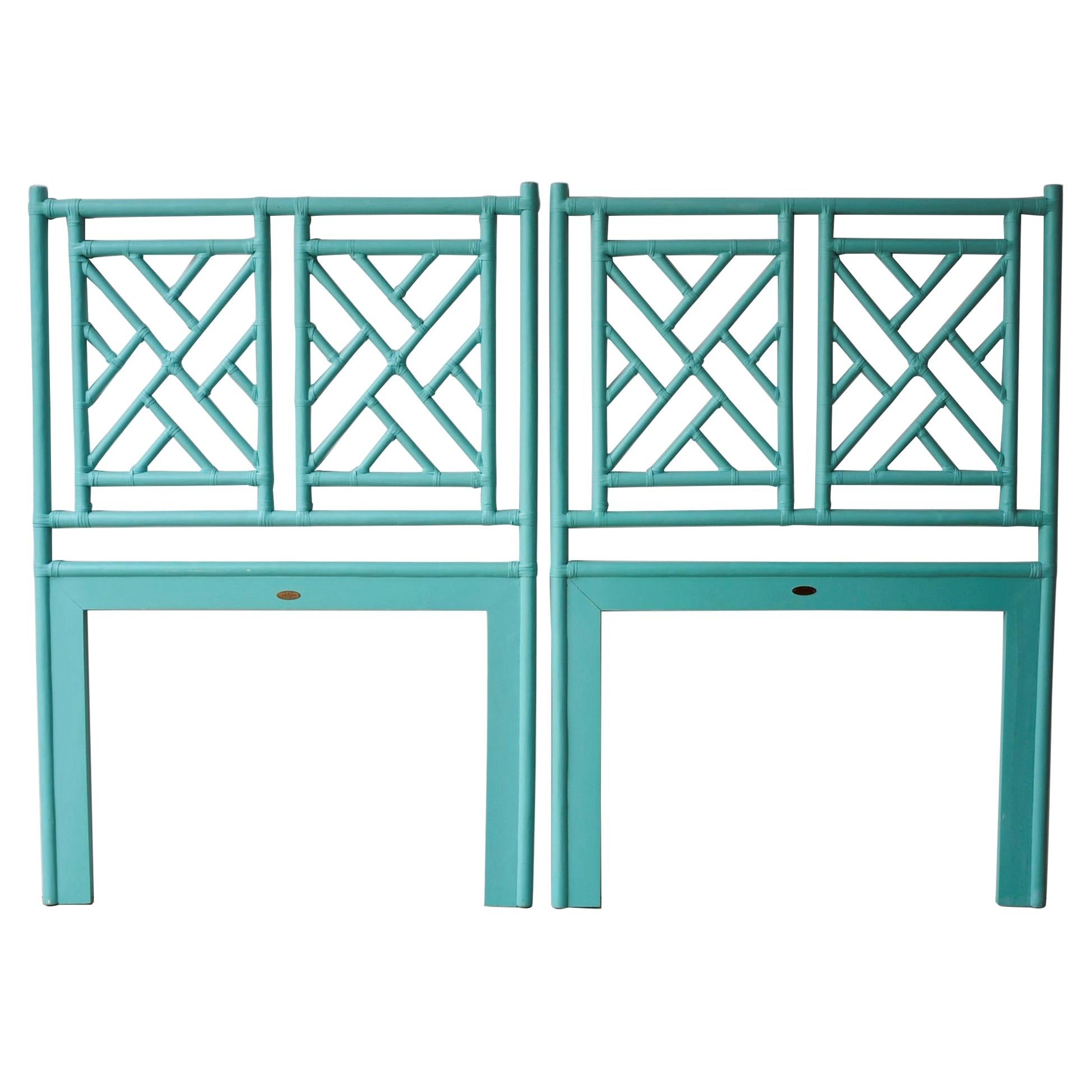 Pair of Tiffany Blue Chippendale Style Rattan Twin Headboards by David Francis For Sale