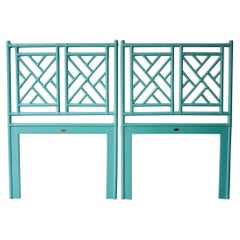 Pair of Tiffany Blue Chippendale Style Rattan Twin Headboards by David Francis