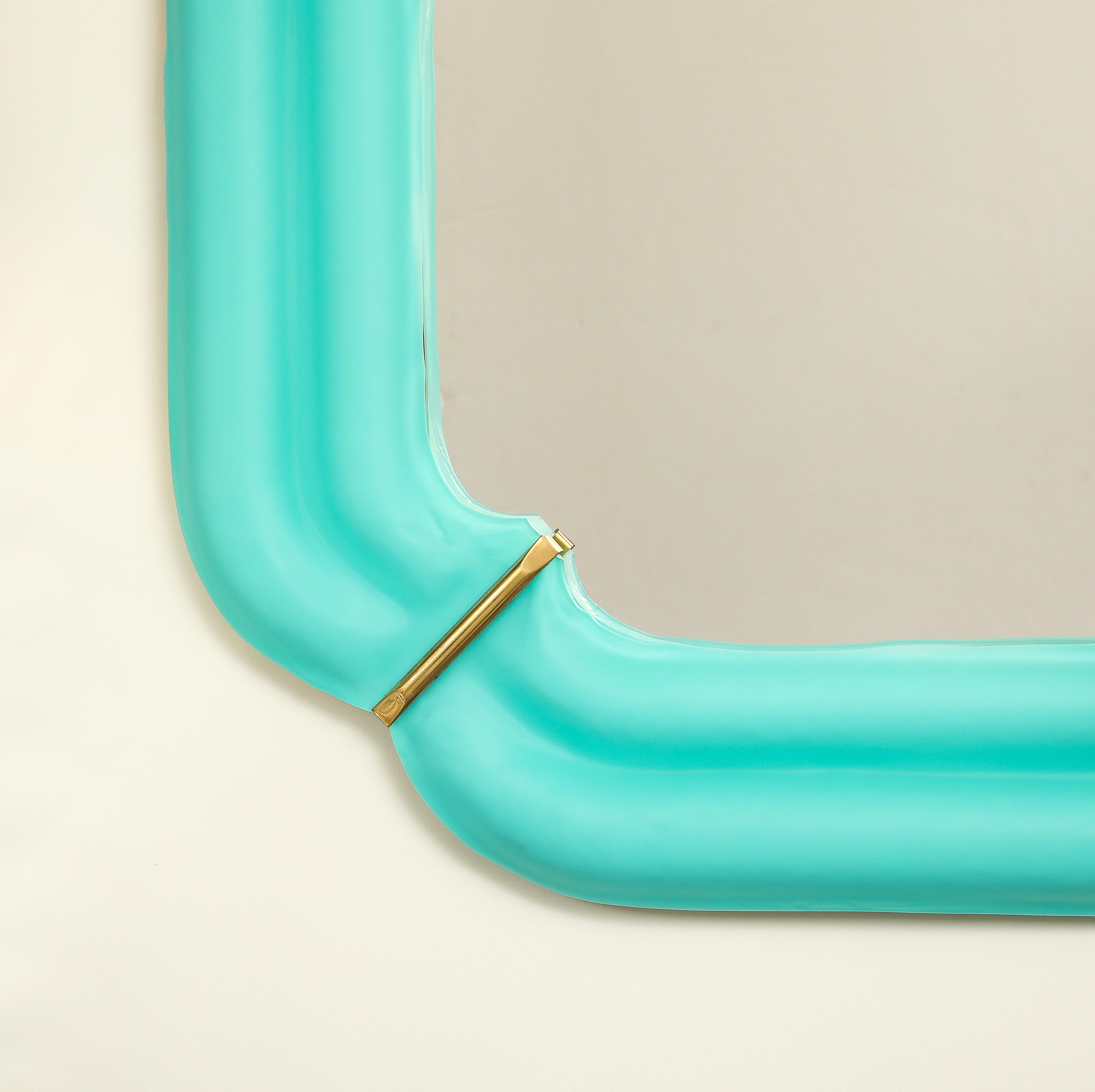 Paar quadratische Spiegel aus blauem Murano-Glas und Messing mit Wellenschliff, Italien, Tiffany im Angebot 3