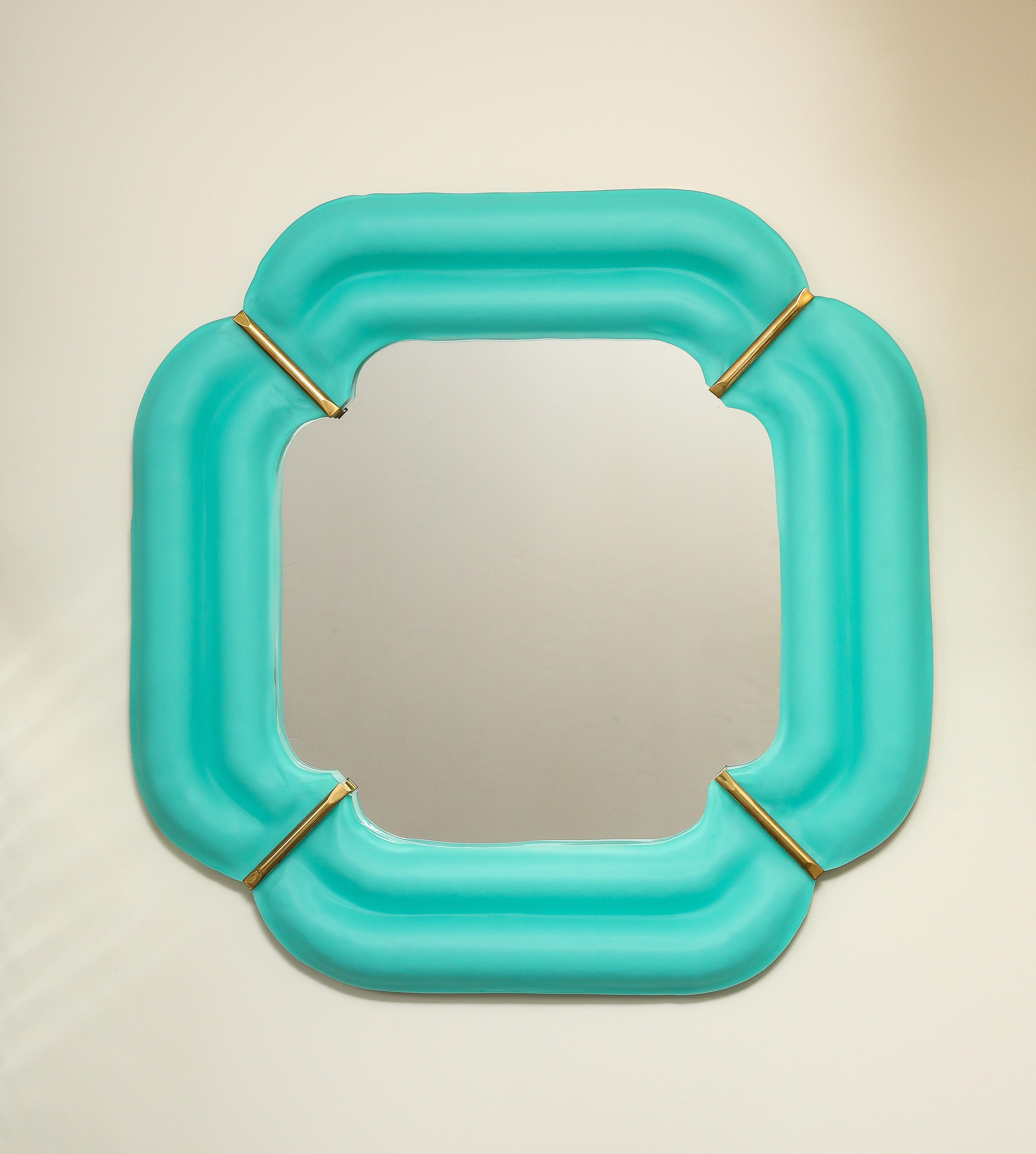 Paar quadratische Spiegel aus blauem Murano-Glas und Messing mit Wellenschliff, Italien, Tiffany im Angebot 5