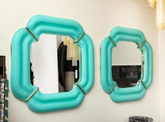 Pair of Tiffany Blue Murano Glass And Brass Square Scalloped Mirrors, Italy