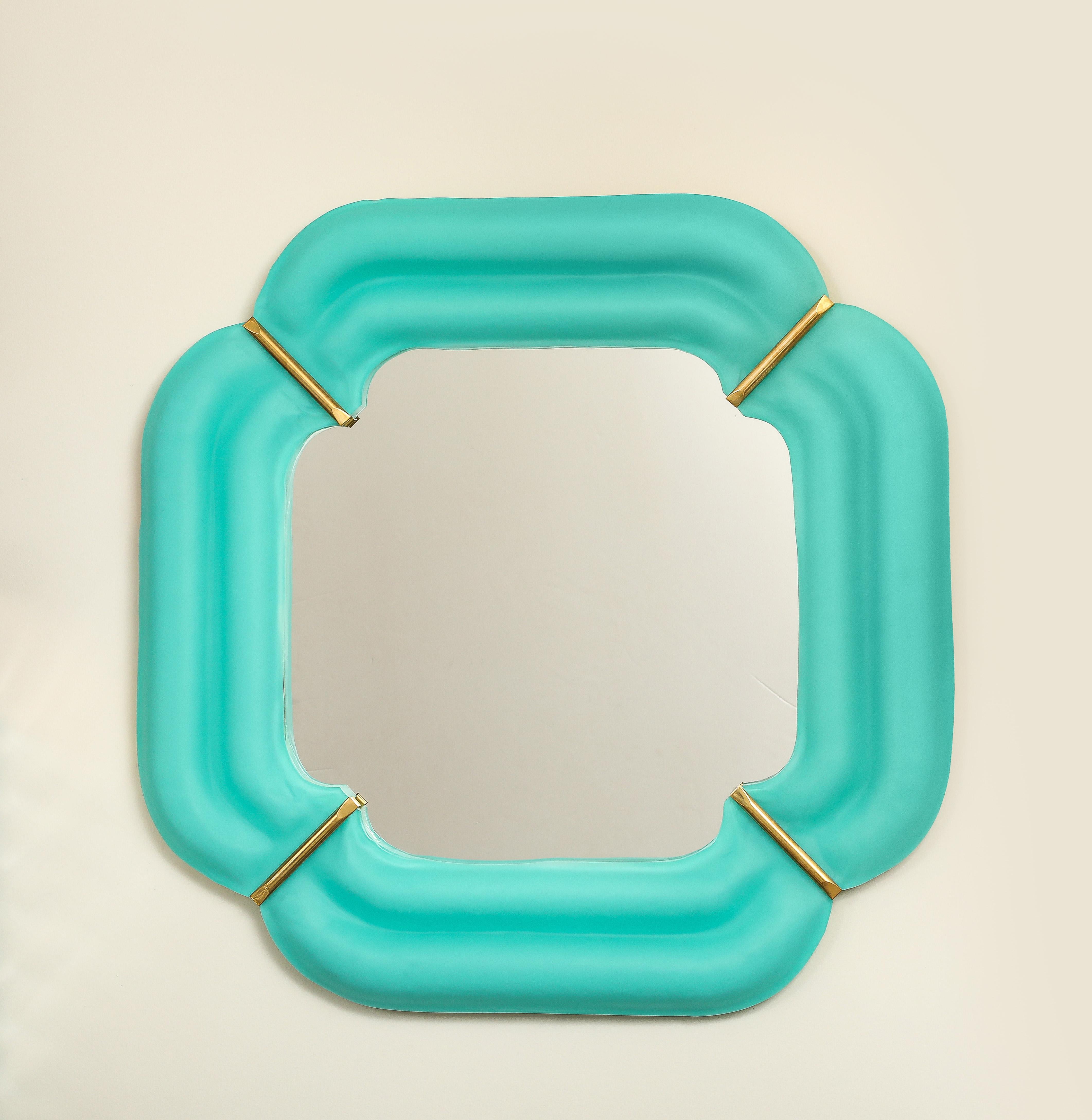 Paar quadratische Spiegel aus blauem Murano-Glas und Messing mit Wellenschliff, Italien, Tiffany im Angebot 2