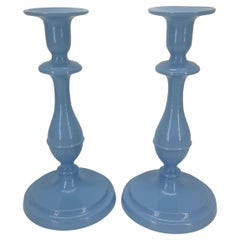 Retro Pair of Tiffany-Blue Powder-Coated Pewter Candlesticks