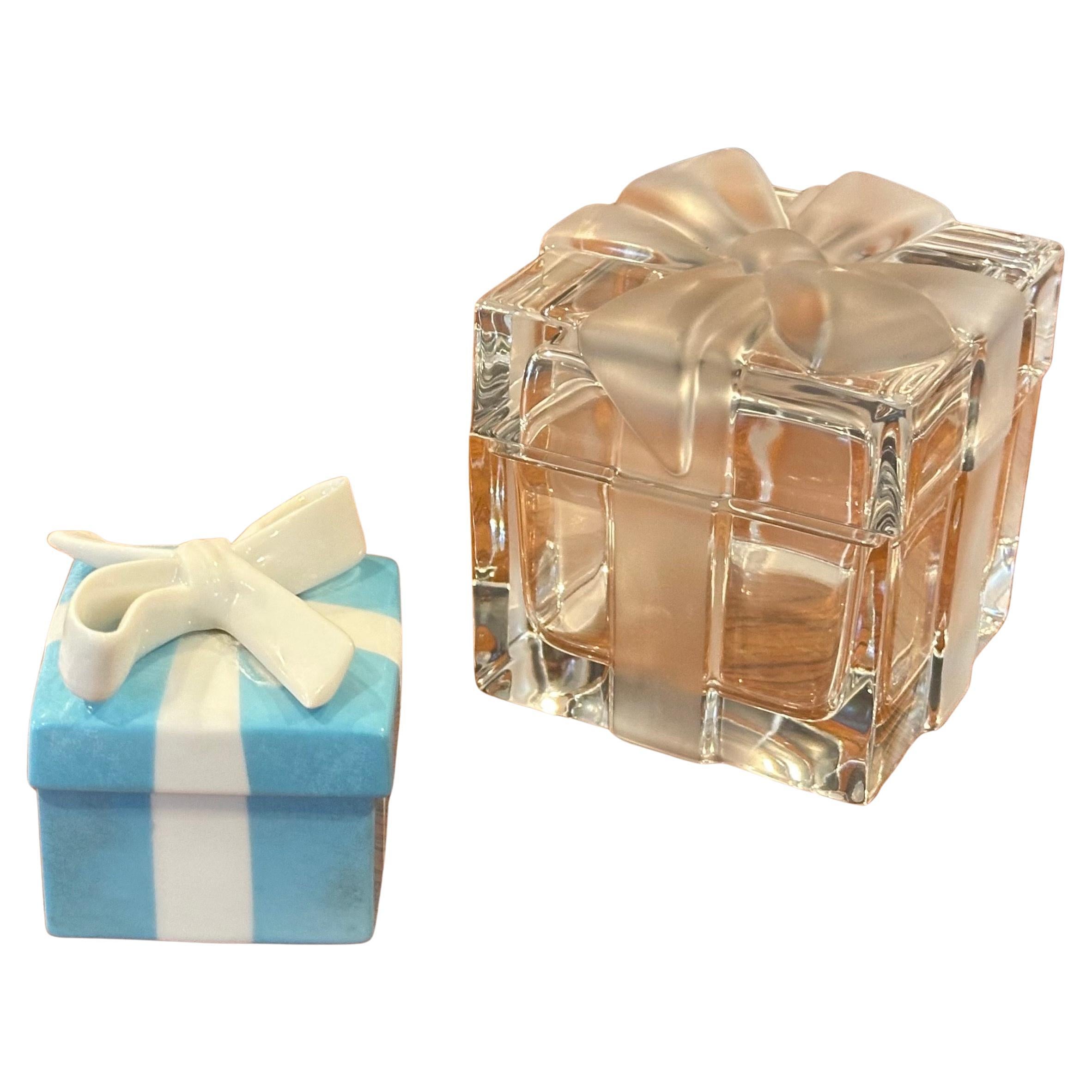 Pair of Tiffany "Box and Bow" Porcelain & Crystal Trinket Boxes by Tiffany & Co. For Sale