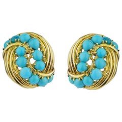 Pair of Tiffany & Co. 18 Karat Yellow Gold Swirl Ear Clips with Turquoise