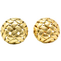 Pair of Tiffany & Co. 18K Yellow Gold Woven Button Ear-Clips Earrings, 1995