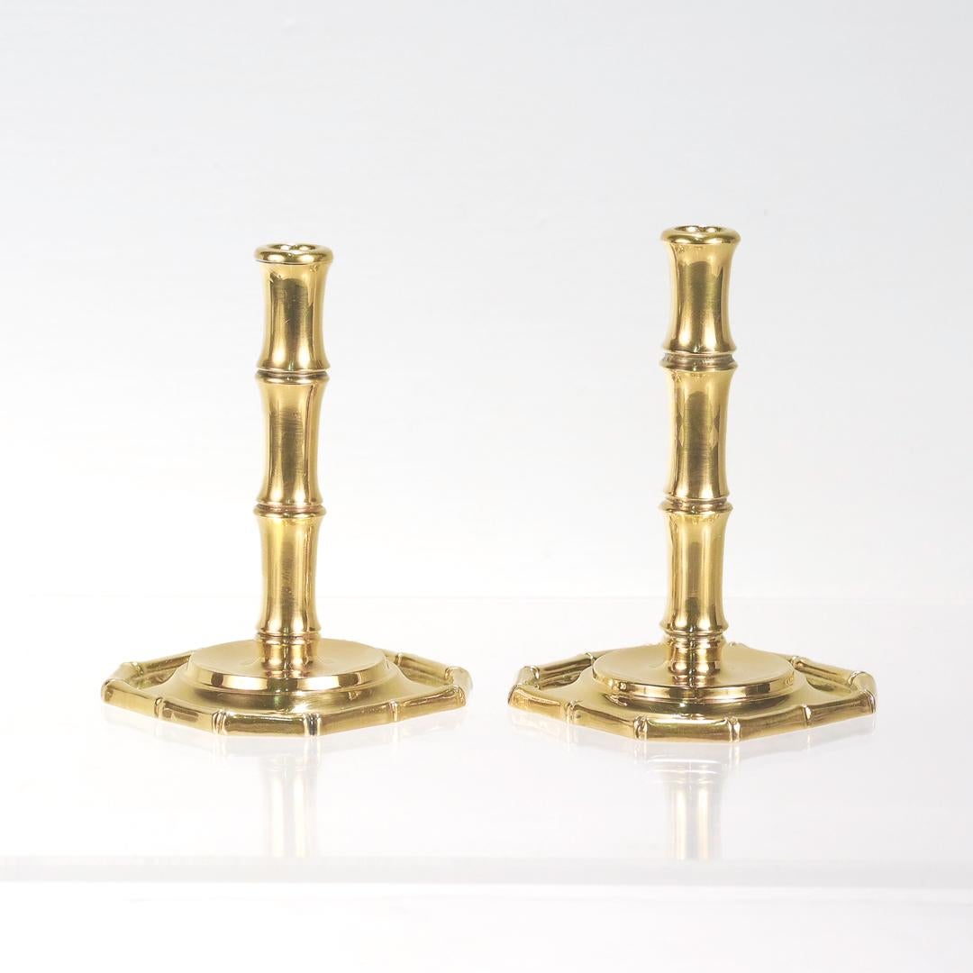 Pair of Tiffany & Co. Gilt Sterling Silver Bamboo Pattern Candlesticks In Good Condition For Sale In Philadelphia, PA