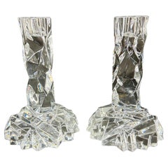 Pair of Tiffany & Co Rock Cut Crystal Candlesticks, Signed