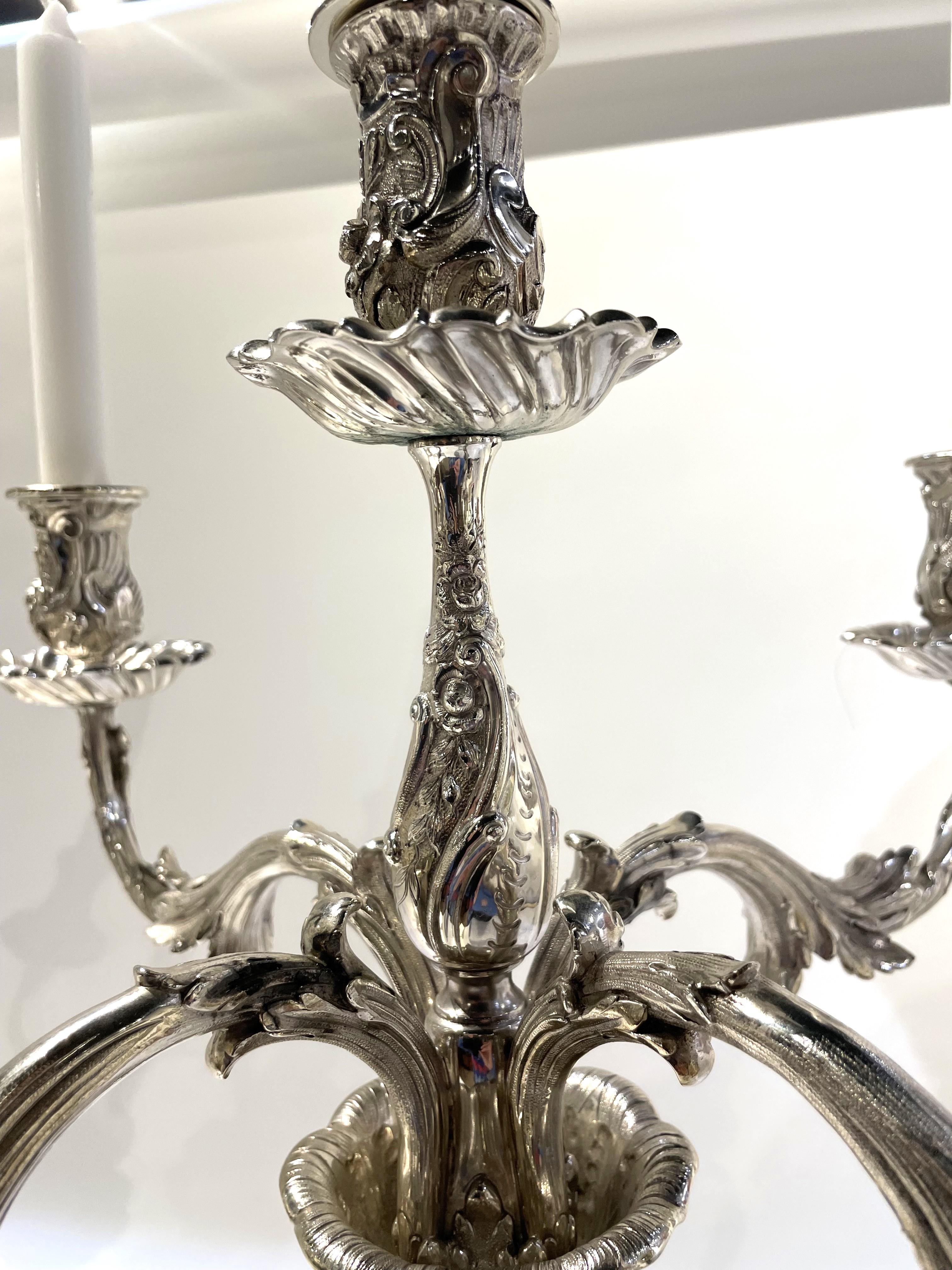 Pair of Tiffany & Co. Sterling Silver 5-Light Monumental Repousse Candelabra In Good Condition For Sale In New York, NY