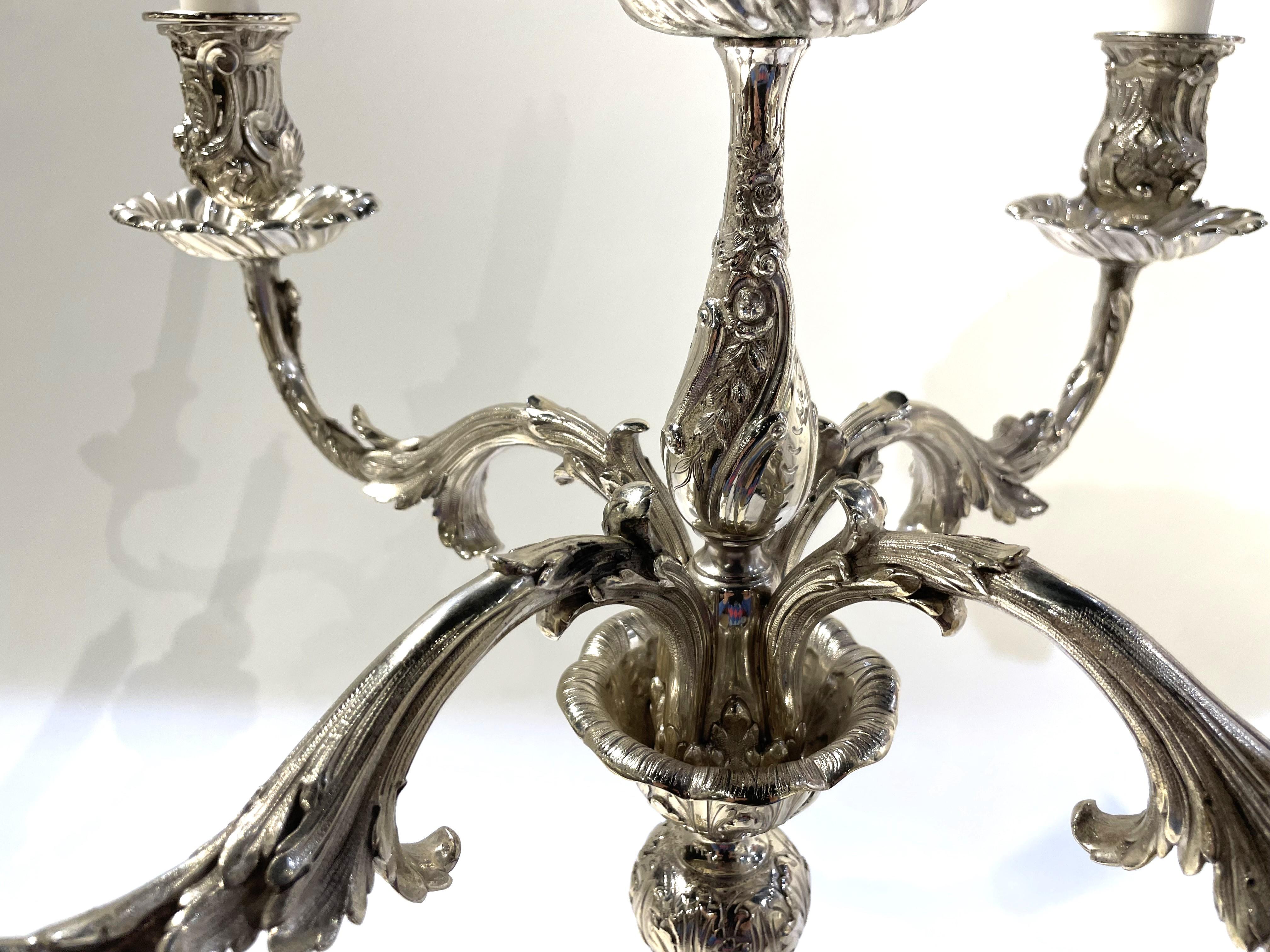 Pair of Tiffany & Co. Sterling Silver 5-Light Monumental Repousse Candelabra In Good Condition For Sale In New York, NY
