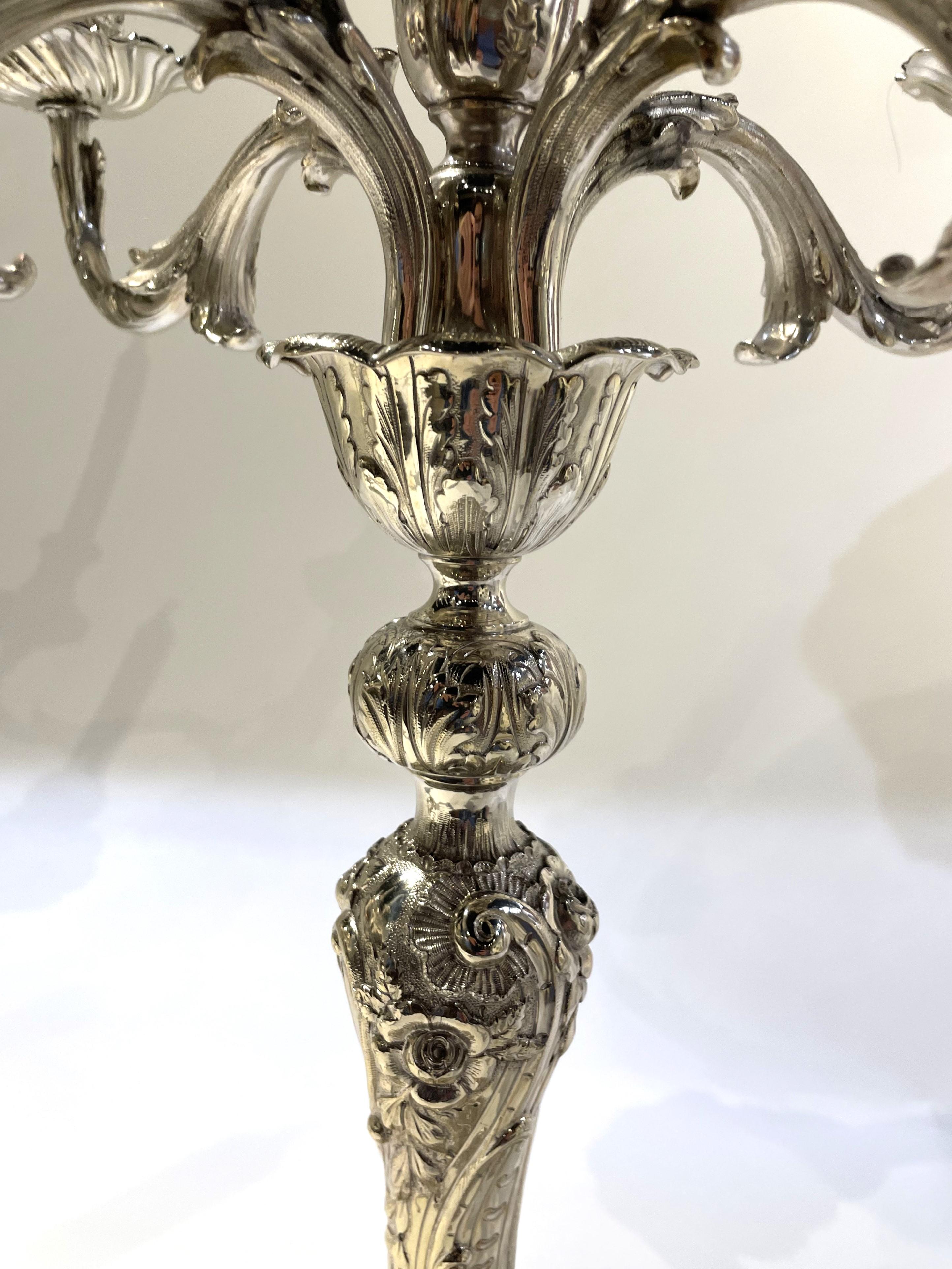 Pair of Tiffany & Co. Sterling Silver 5-Light Monumental Repousse Candelabra For Sale 2