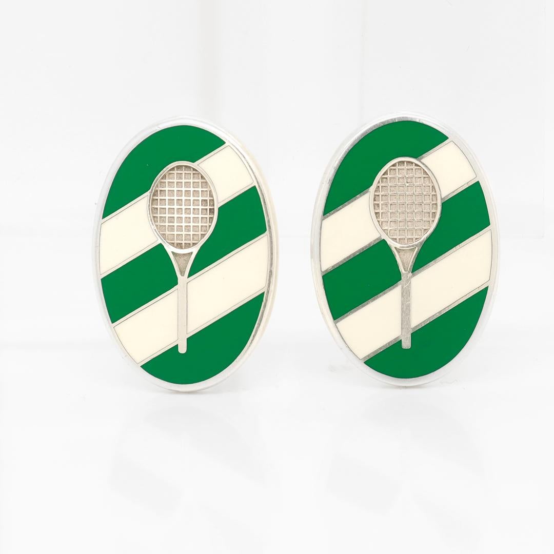 Modern Pair of Tiffany & Co Sterling Silver & Enamel Tennis Racquet Cufflinks For Sale