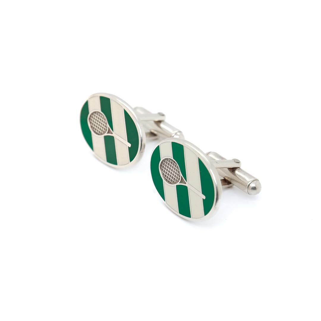 Pair of Tiffany & Co Sterling Silver & Enamel Tennis Racquet Cufflinks In Good Condition For Sale In Philadelphia, PA