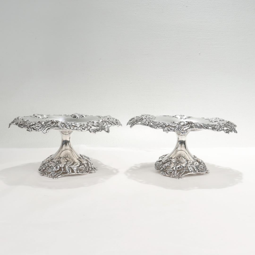 Pair of Tiffany & Co. Sterling Silver Pierced Compotes or Tazzas with Wild Roses For Sale 2