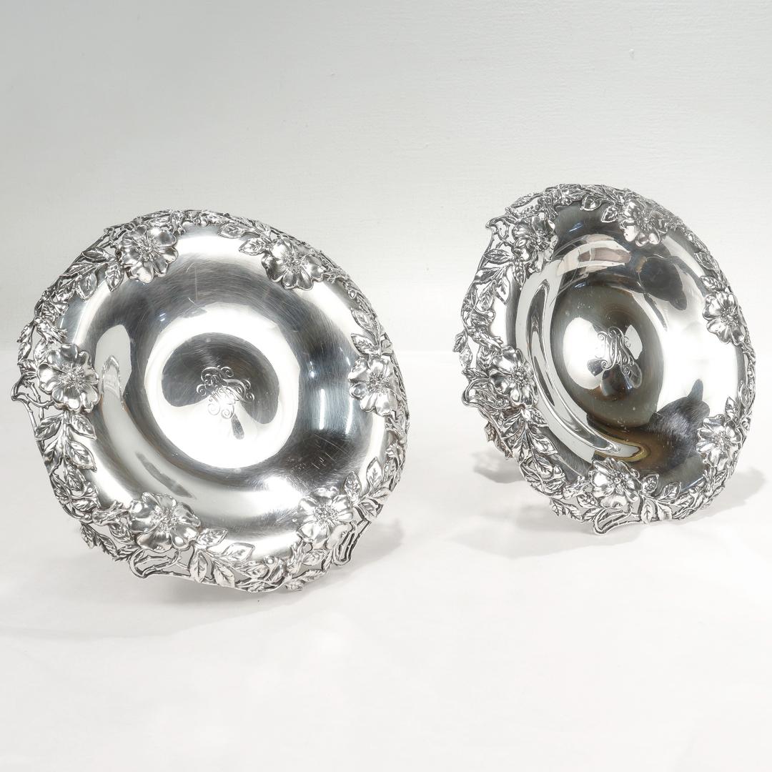 Pair of Tiffany & Co. Sterling Silver Pierced Compotes or Tazzas with Wild Roses For Sale 4