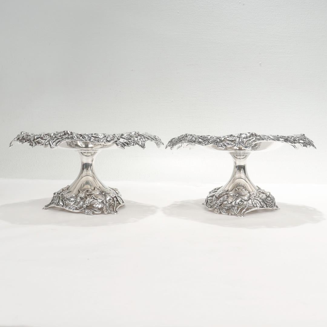 Gilded Age Pair of Tiffany & Co. Sterling Silver Pierced Compotes or Tazzas with Wild Roses For Sale