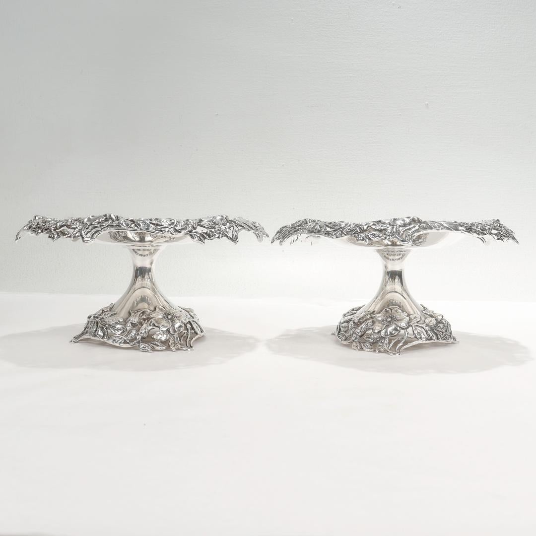 Pair of Tiffany & Co. Sterling Silver Pierced Compotes or Tazzas with Wild Roses In Good Condition For Sale In Philadelphia, PA
