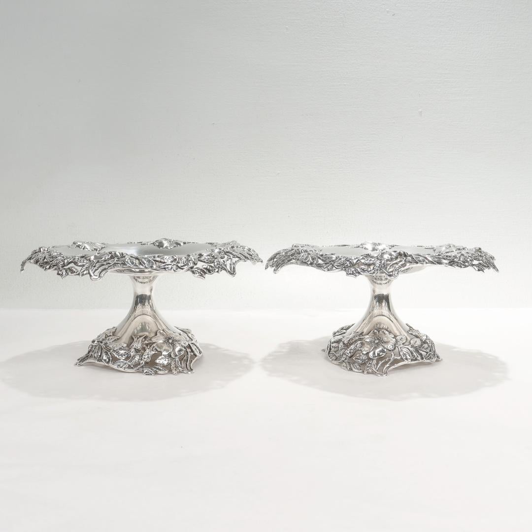 Women's or Men's Pair of Tiffany & Co. Sterling Silver Pierced Compotes or Tazzas with Wild Roses For Sale