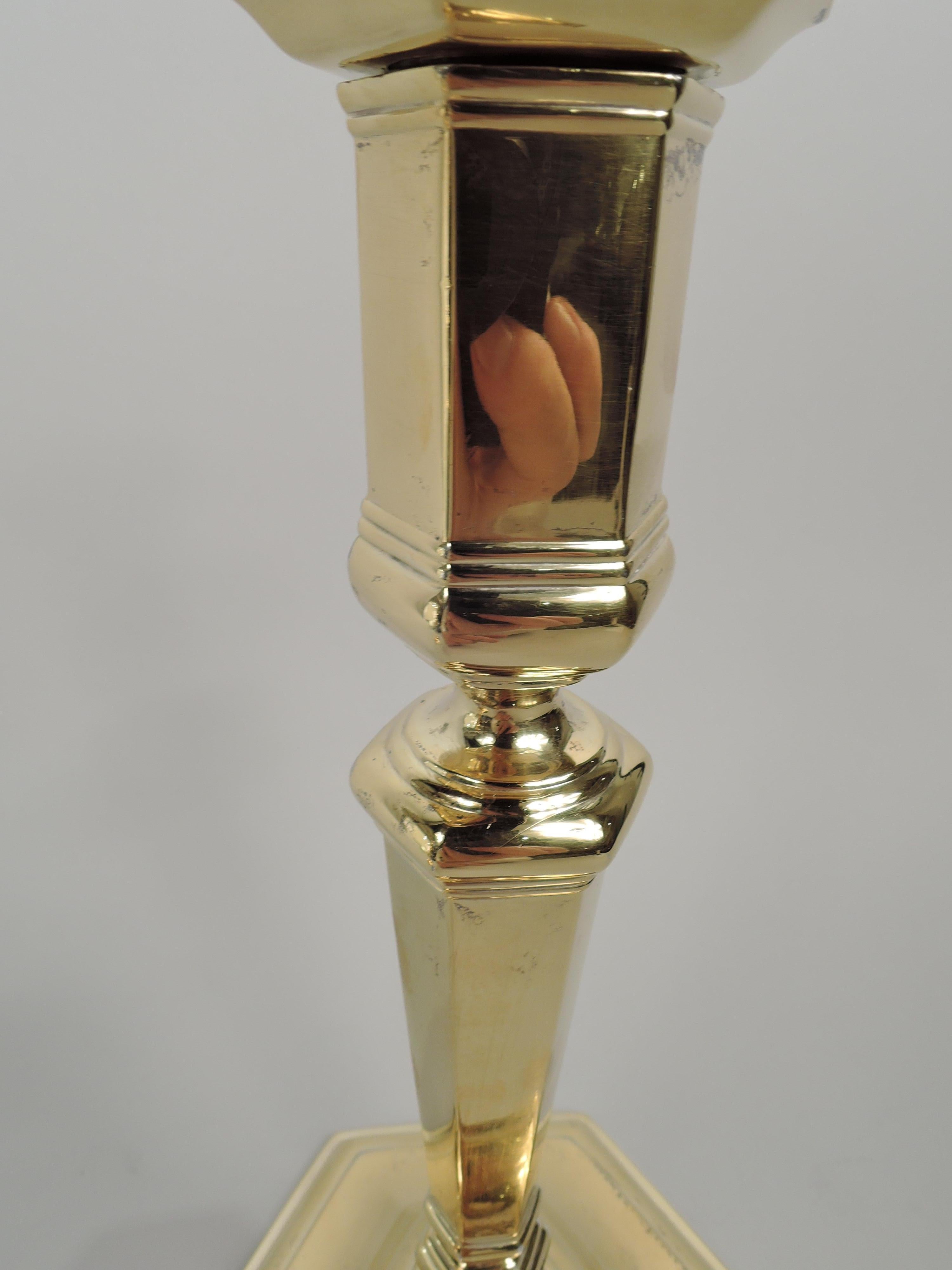 American Pair of Tiffany Edwardian Georgian Gilt Sterling Silver Candlesticks For Sale