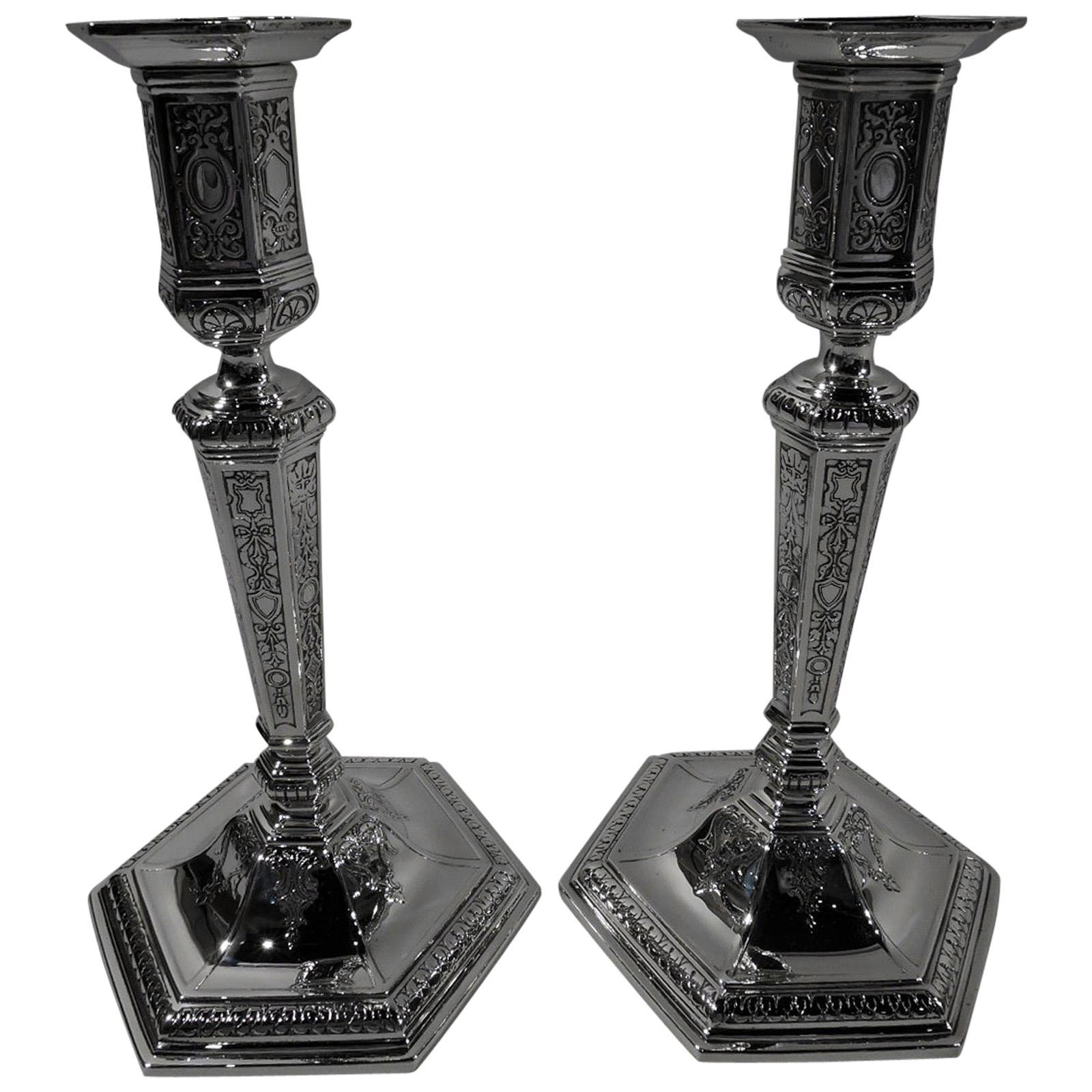 Pair of Tiffany Edwardian Regency Sterling Silver Candlesticks
