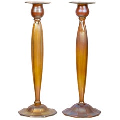 Antique Pair of Tiffany Favrile Glass Candlesticks by Tiffany Studios