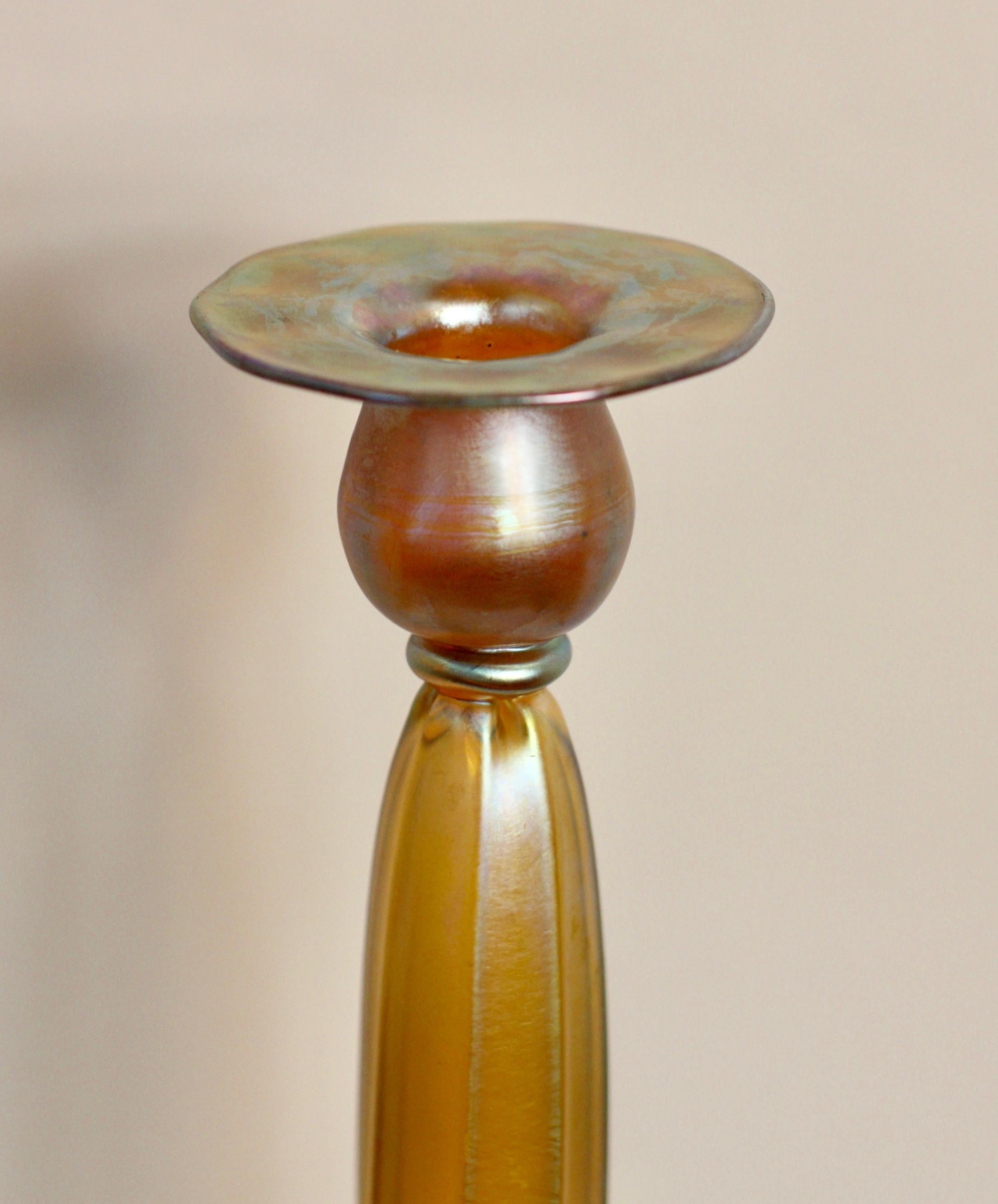 Early 20th Century Pair of Tiffany Favrile Glass Candle Sticks