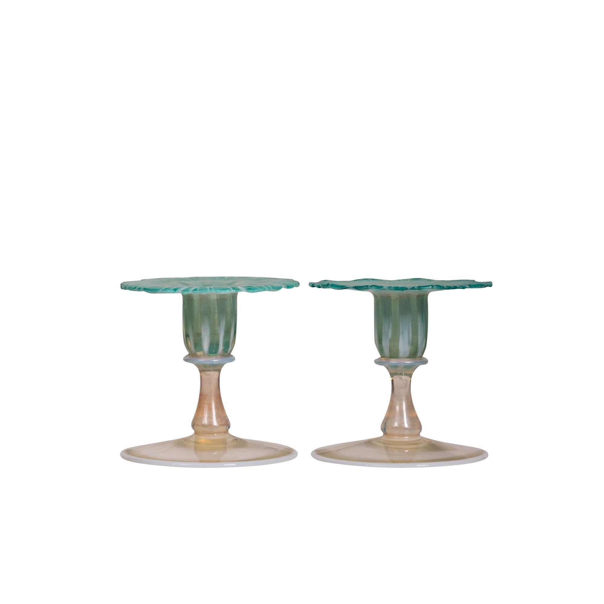 Pair of Tiffany Favrile Glass Morning Glory Candlesticks In Good Condition In West Palm Beach, FL