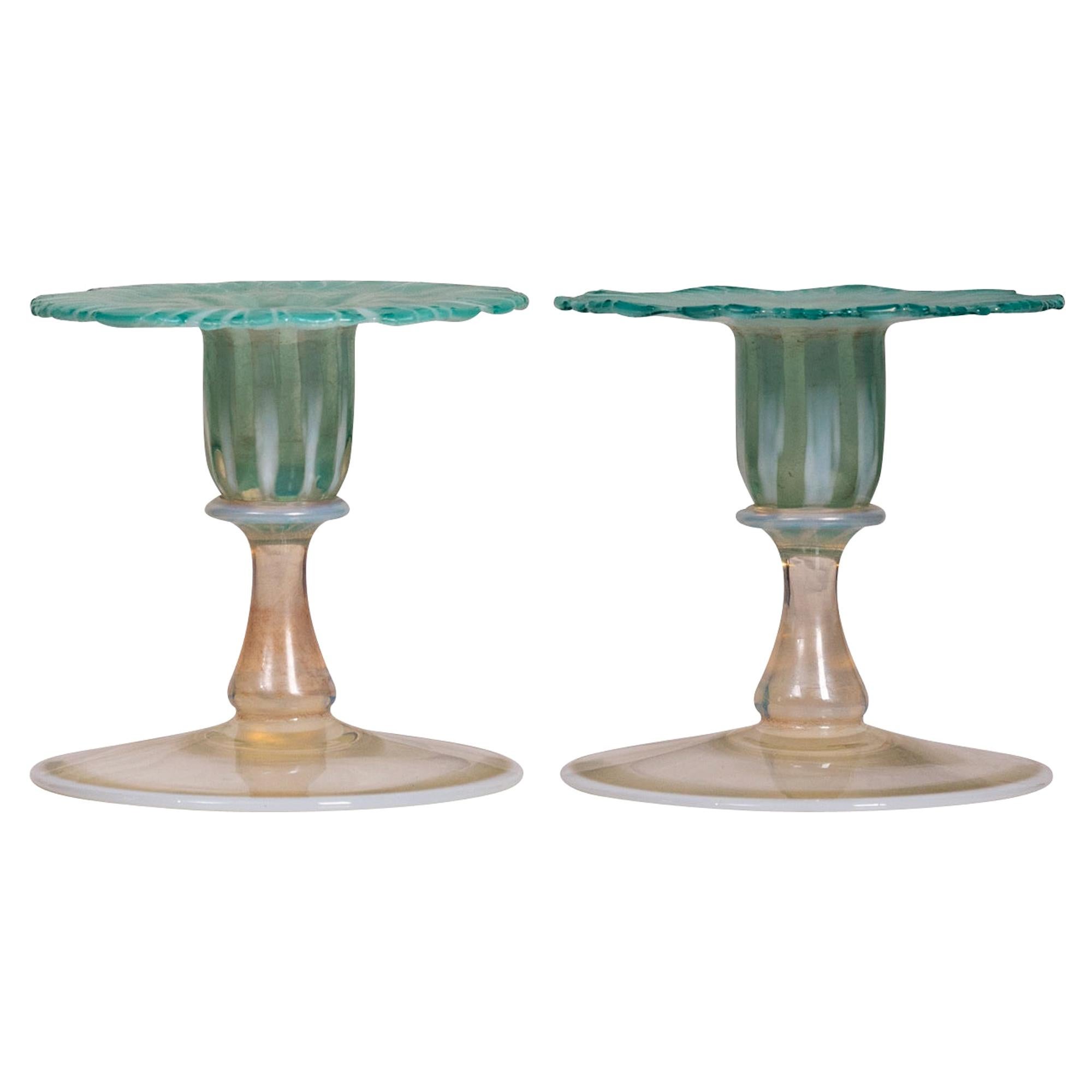 Pair of Tiffany Favrile Glass Morning Glory Candlesticks