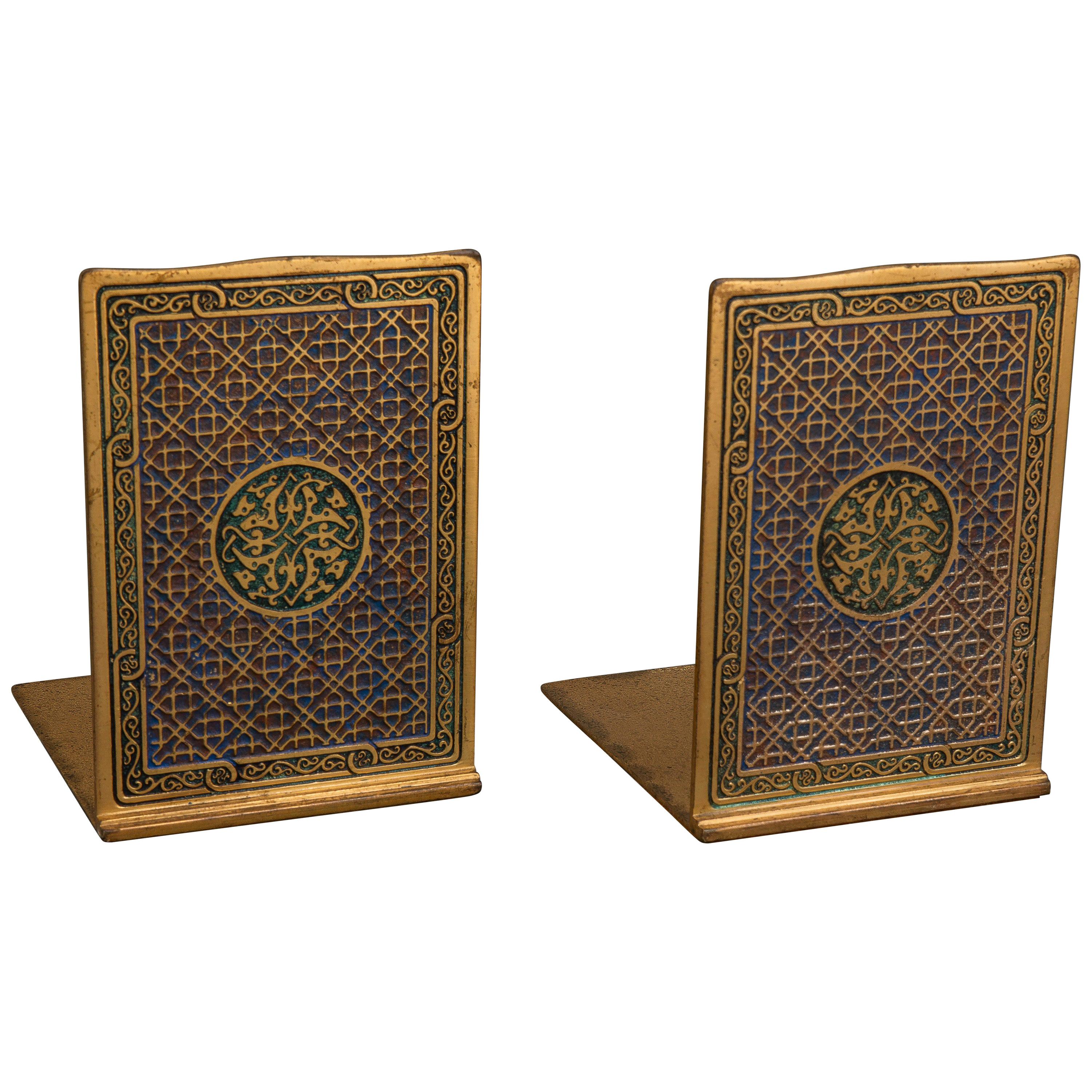 Pair of Tiffany Gilt and Enamel Bookends in the Medallion Pattern '#2028' For Sale
