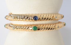 Tiffany Gold Fluted Bangle Bracelets with Sapphires, Emeralds and Diamond, Pair