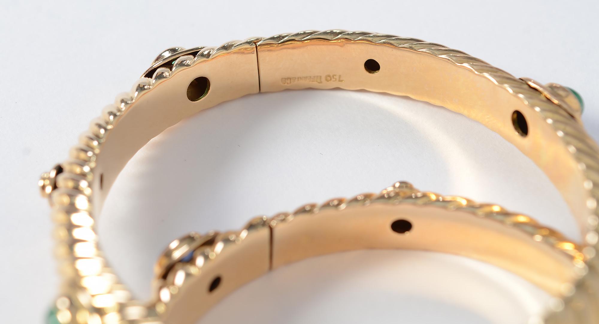 Modern Tiffany Gold Fluted Bangle Bracelets with Sapphires, Emeralds and Diamond, Pair