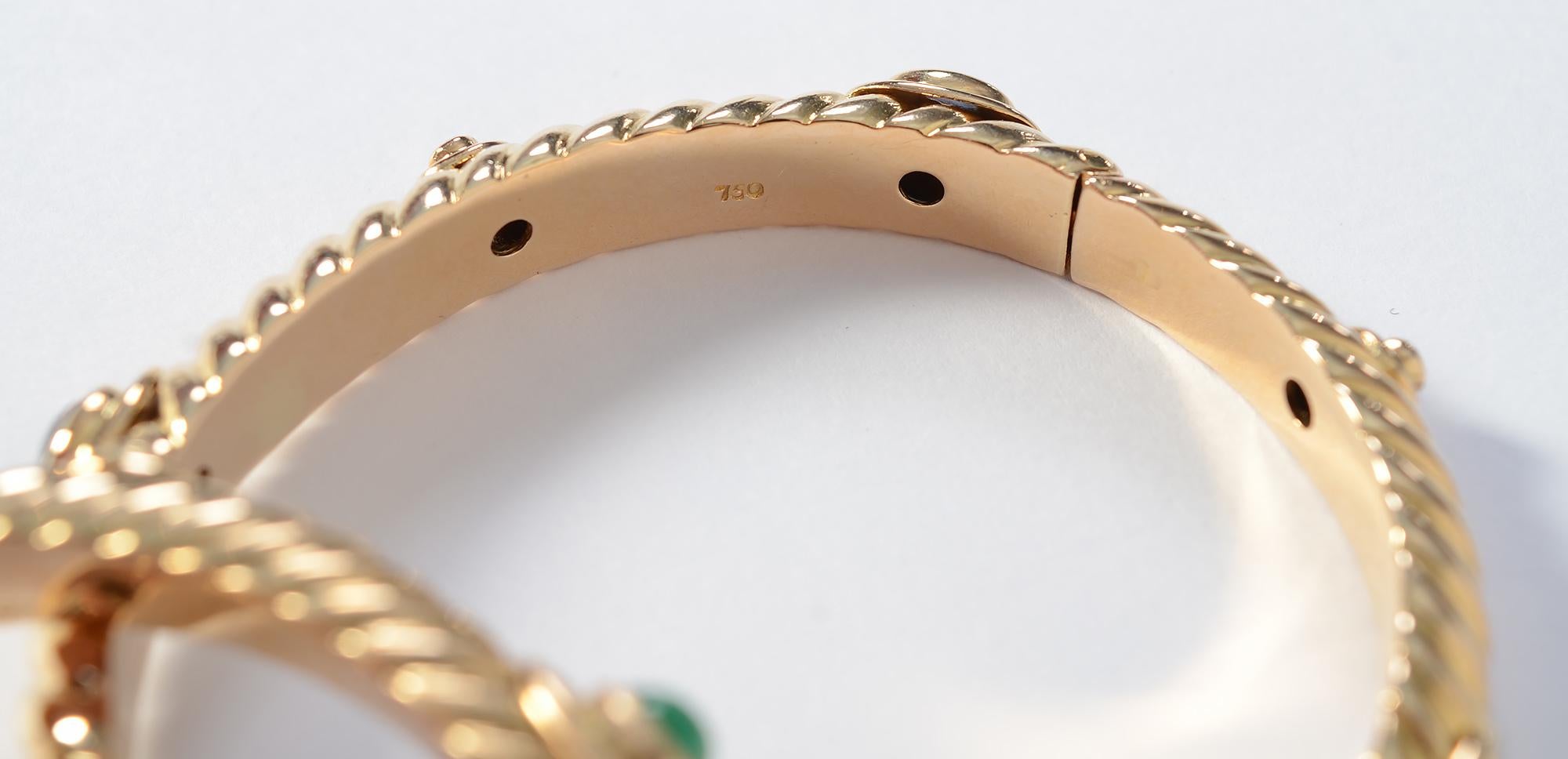 Tiffany Gold Fluted Bangle Bracelets with Sapphires, Emeralds and Diamond, Pair In Excellent Condition In Darnestown, MD