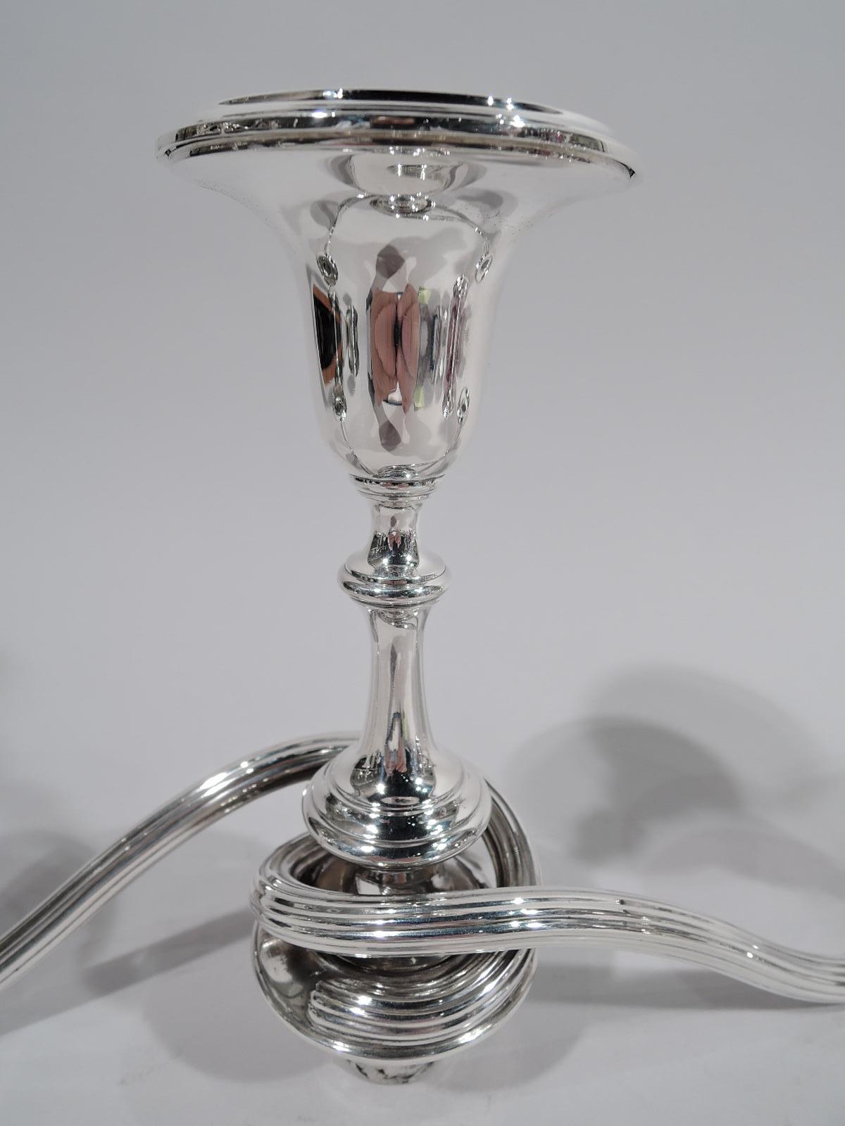 Pair of Tiffany Modern Classical Sterling Silver 3-Light Candelabra In Excellent Condition In New York, NY