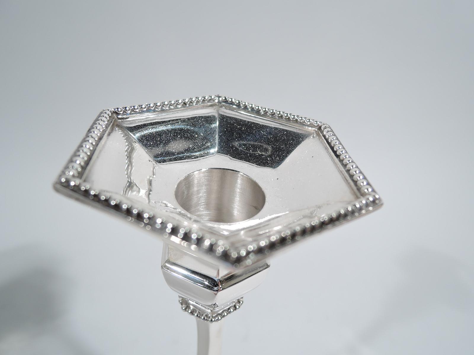 Edwardian Pair of Tiffany Modern Geometric Sterling Silver Candlesticks