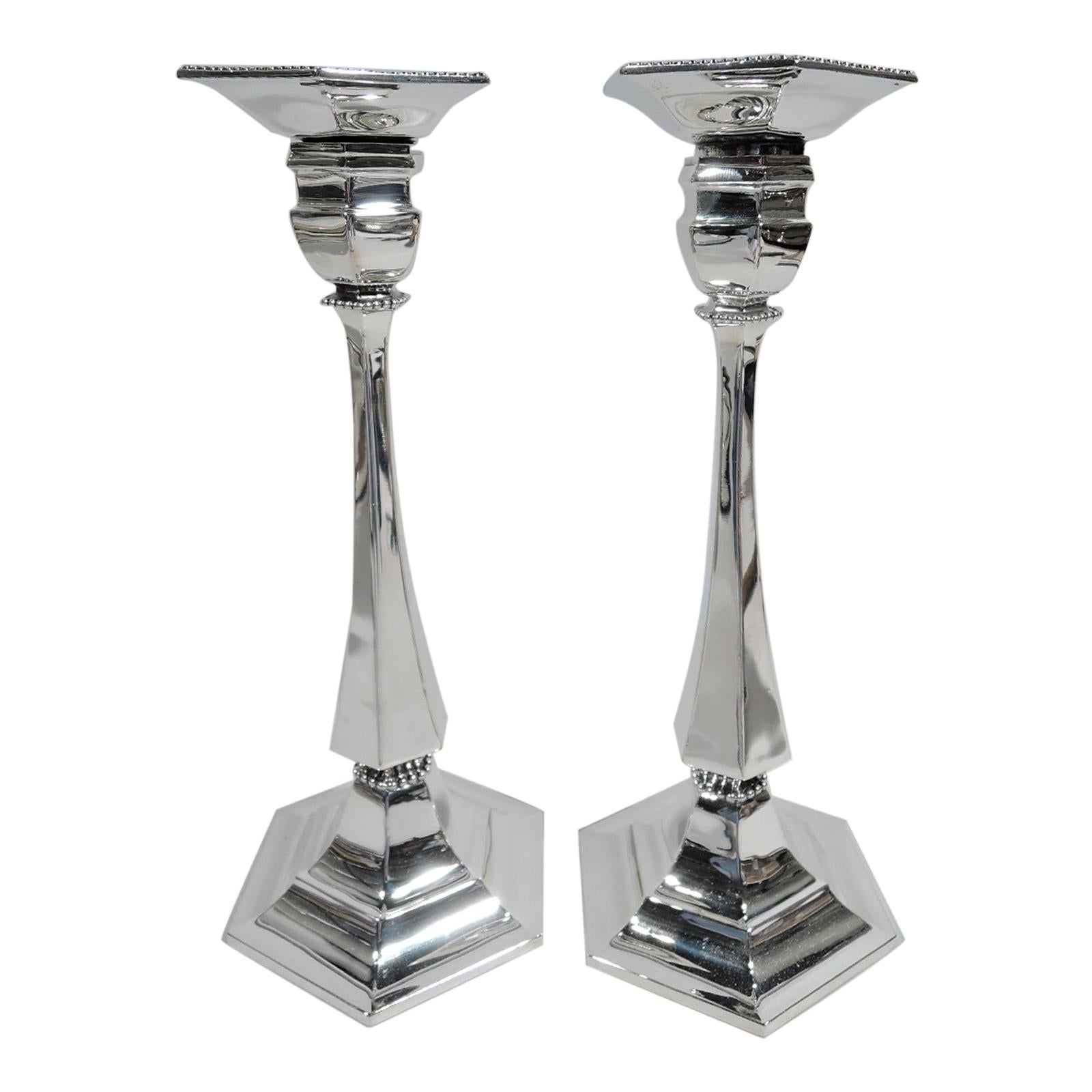 Pair of Tiffany Modern Geometric Sterling Silver Candlesticks