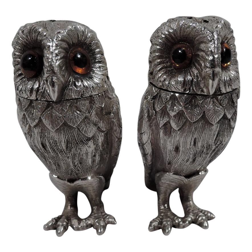 Pair of Tiffany Sterling Silver Owl Salt and Pepper Shakers