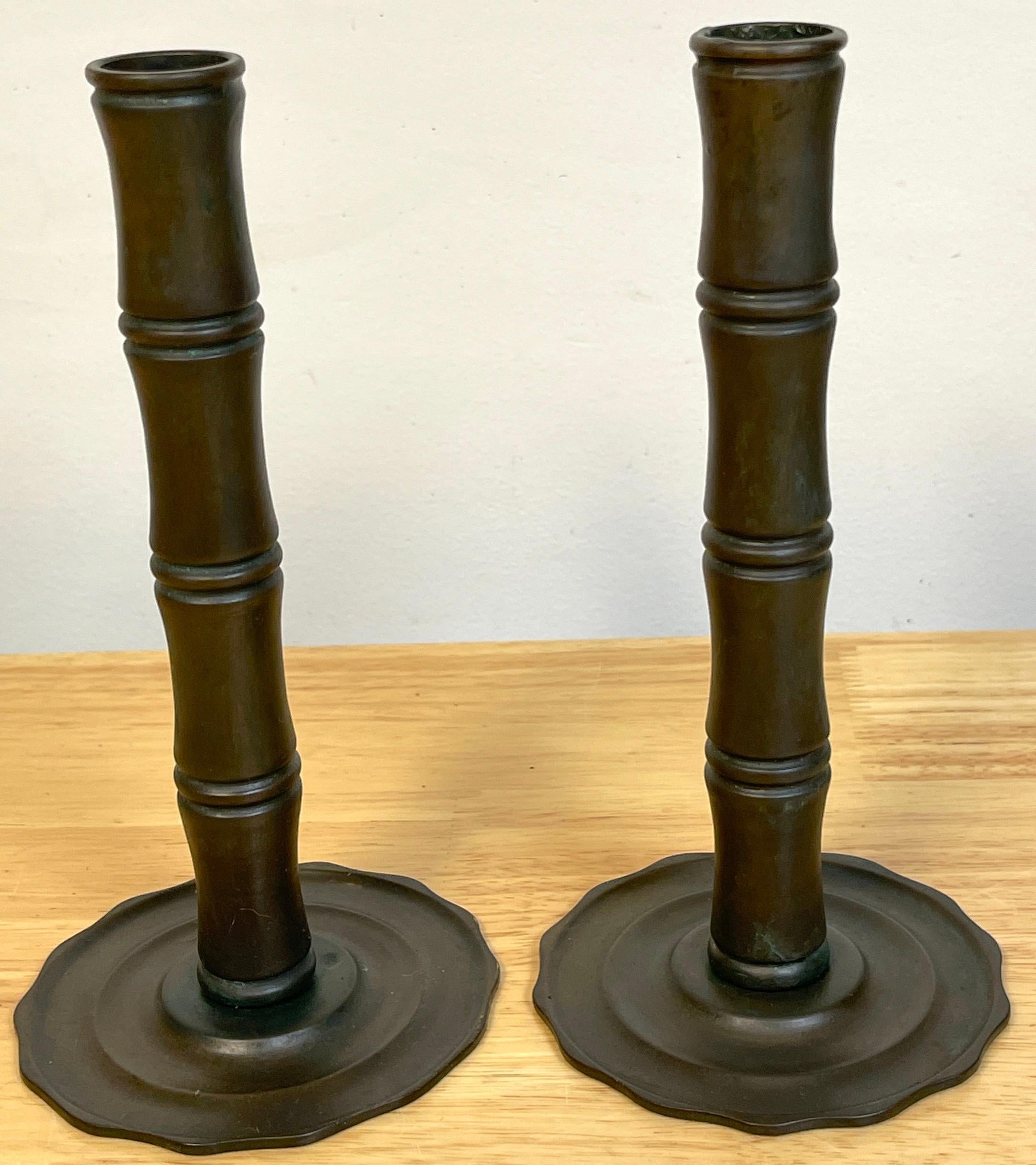 North American Pair of Tiffany Studios Aesthetic /Japonisme Bamboo Motif Candlesticks