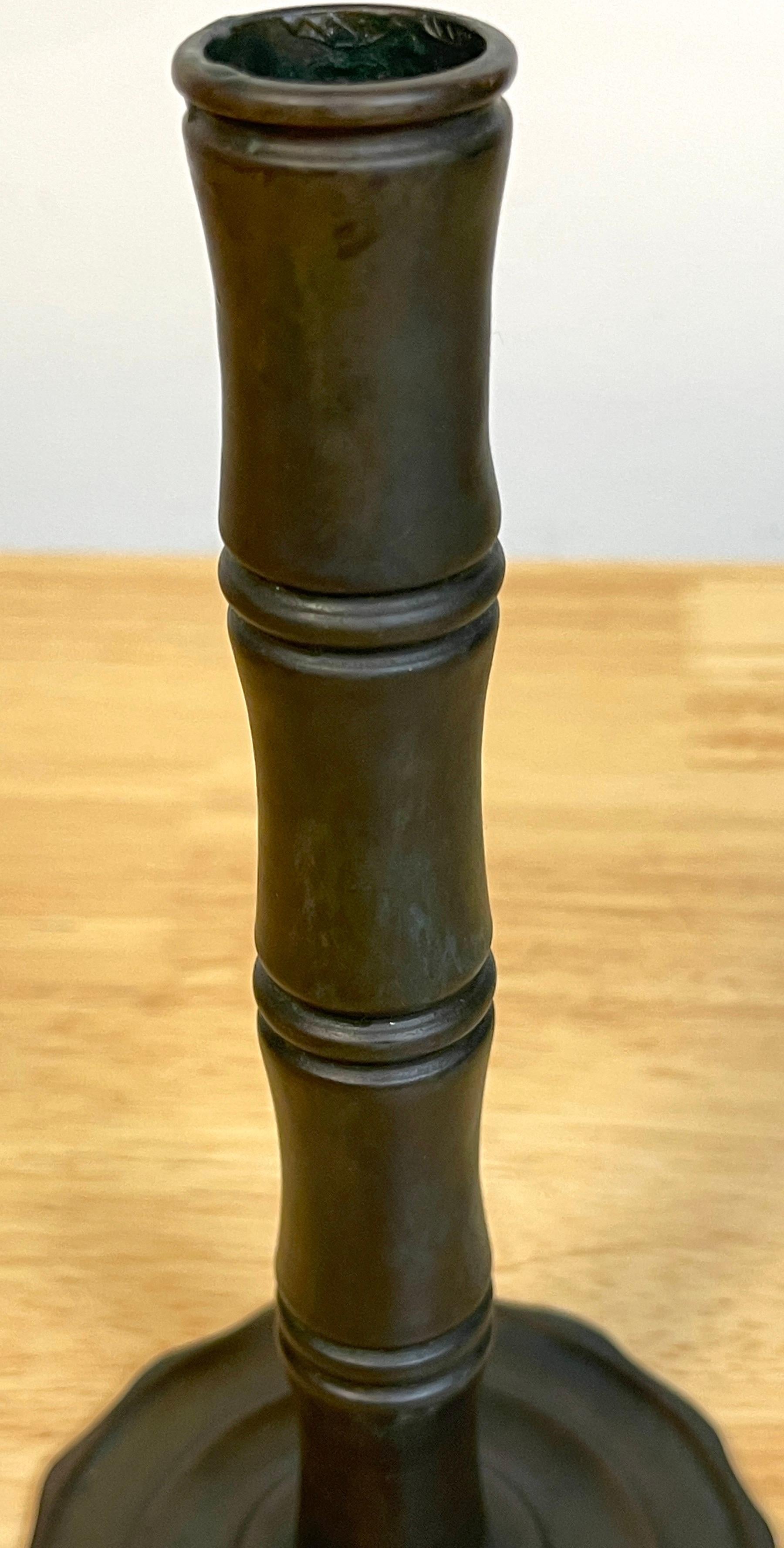 Pair of Tiffany Studios Aesthetic /Japonisme Bamboo Motif Candlesticks In Good Condition In West Palm Beach, FL